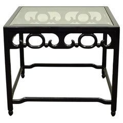 Vintage Oriental Chinoiserie Black Fretwork Glass Square Occasional Side Table