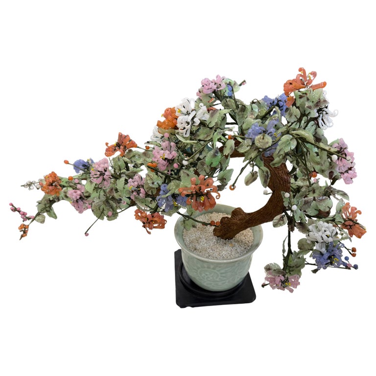 Vintage Oriental Chrysanthemum Jade Glass Flower Bonsai Tree In Celadon at  1stDibs
