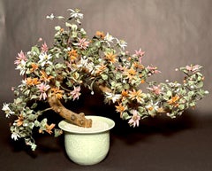 Vintage Oriental Chrysanthemum Jade Glass Flower Bonsai Tree In Celadon Pot