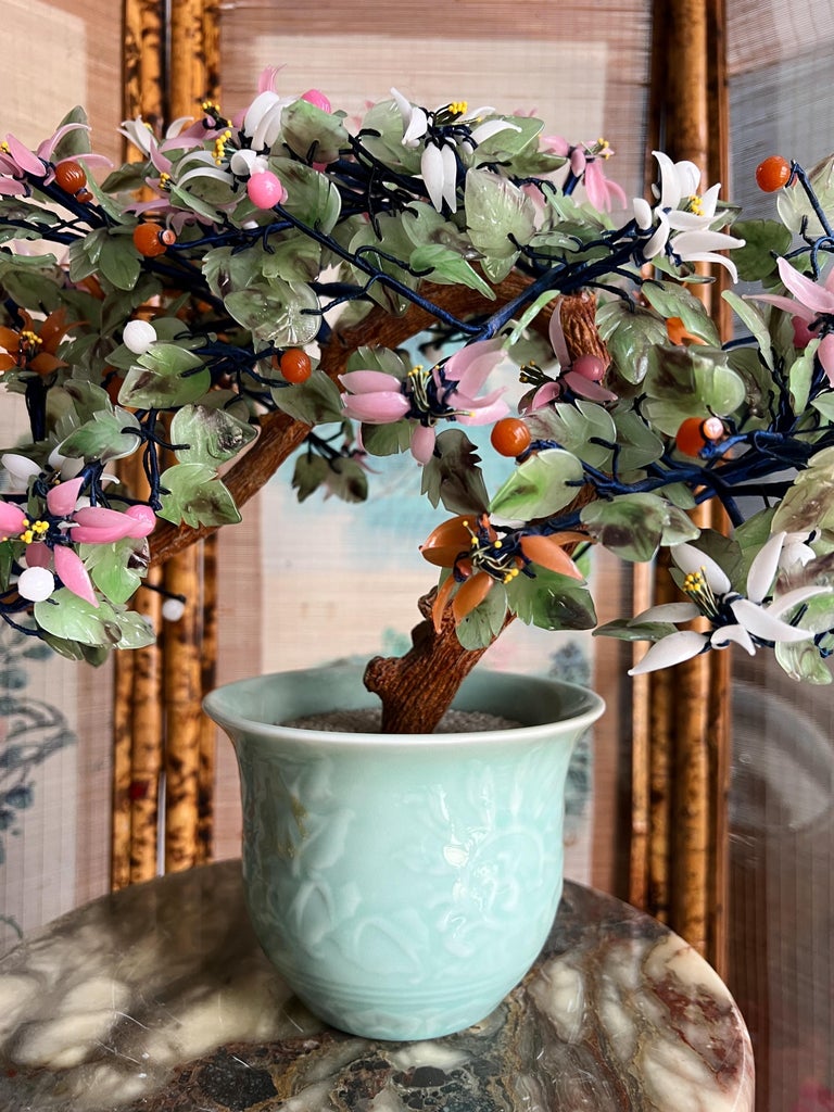 Vintage Oriental Chrysanthemum Jade Glass Flower Bonsai Tree in Celadon Pot  at 1stDibs