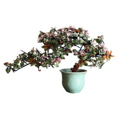 Vintage Oriental Chrysanthemum Jade Glass Flower Bonsai Tree in Celadon Pot