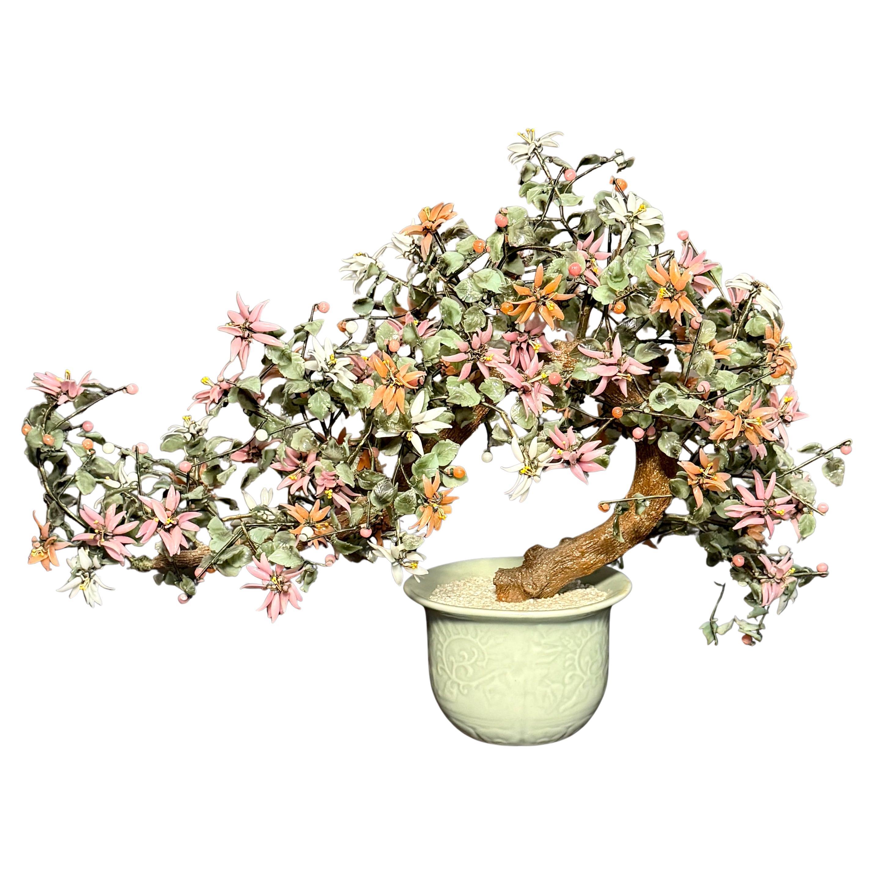 Large Vintage Chrysanthemum Hardstone Flower Bonsai Tree In Celadon Pot