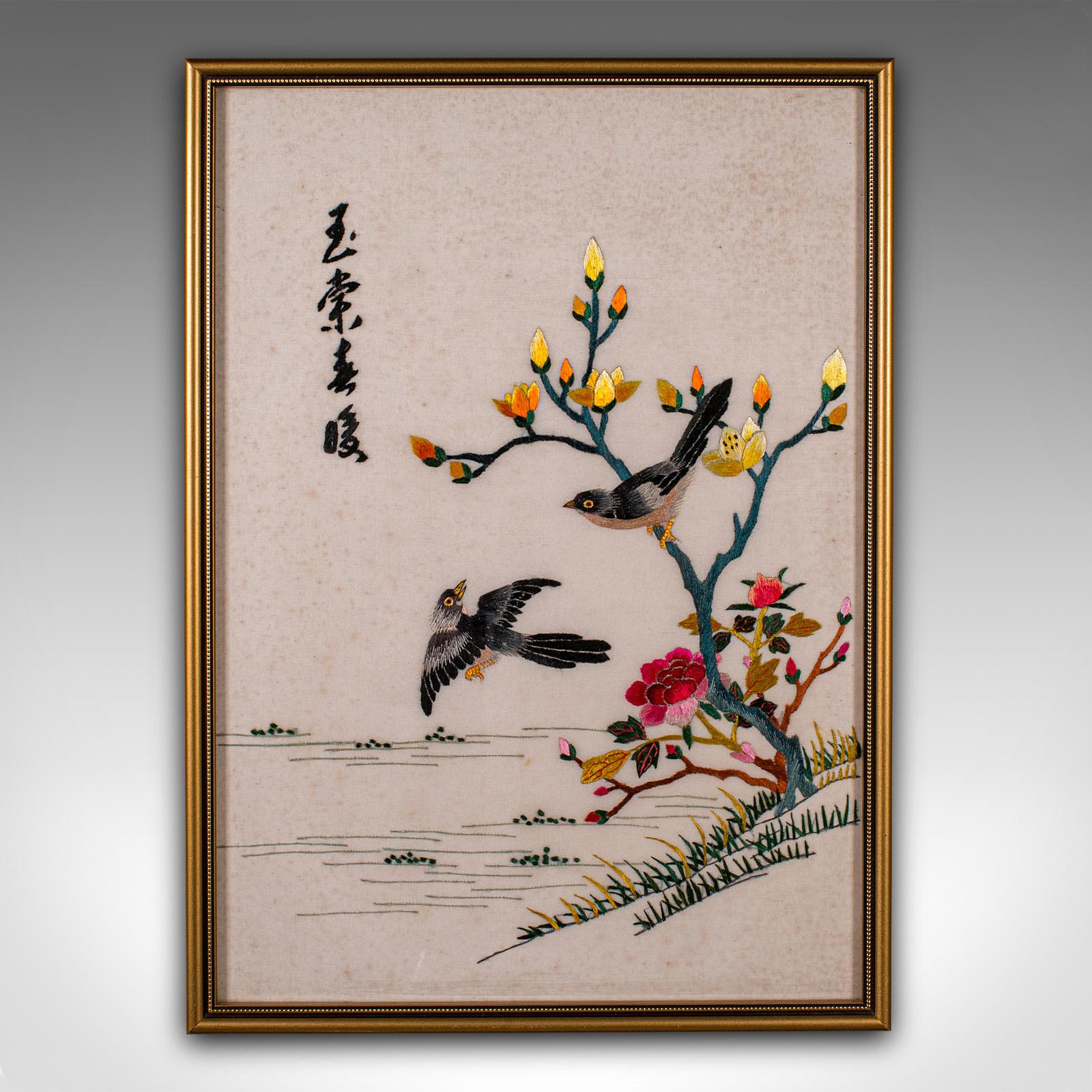 
This is a vintage display panel. A Korean, framed silk cotton embroidery scene, dating to the Art Deco period, circa 1930.

Charming decorative scene with bird interest
Displaying a desirable aged patina and in good order
Silk cotton gently woven