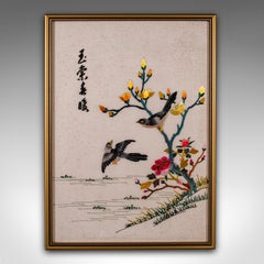 Vintage Oriental Display Panel, Korean, Embroidery, Decorative Scene, Art Deco