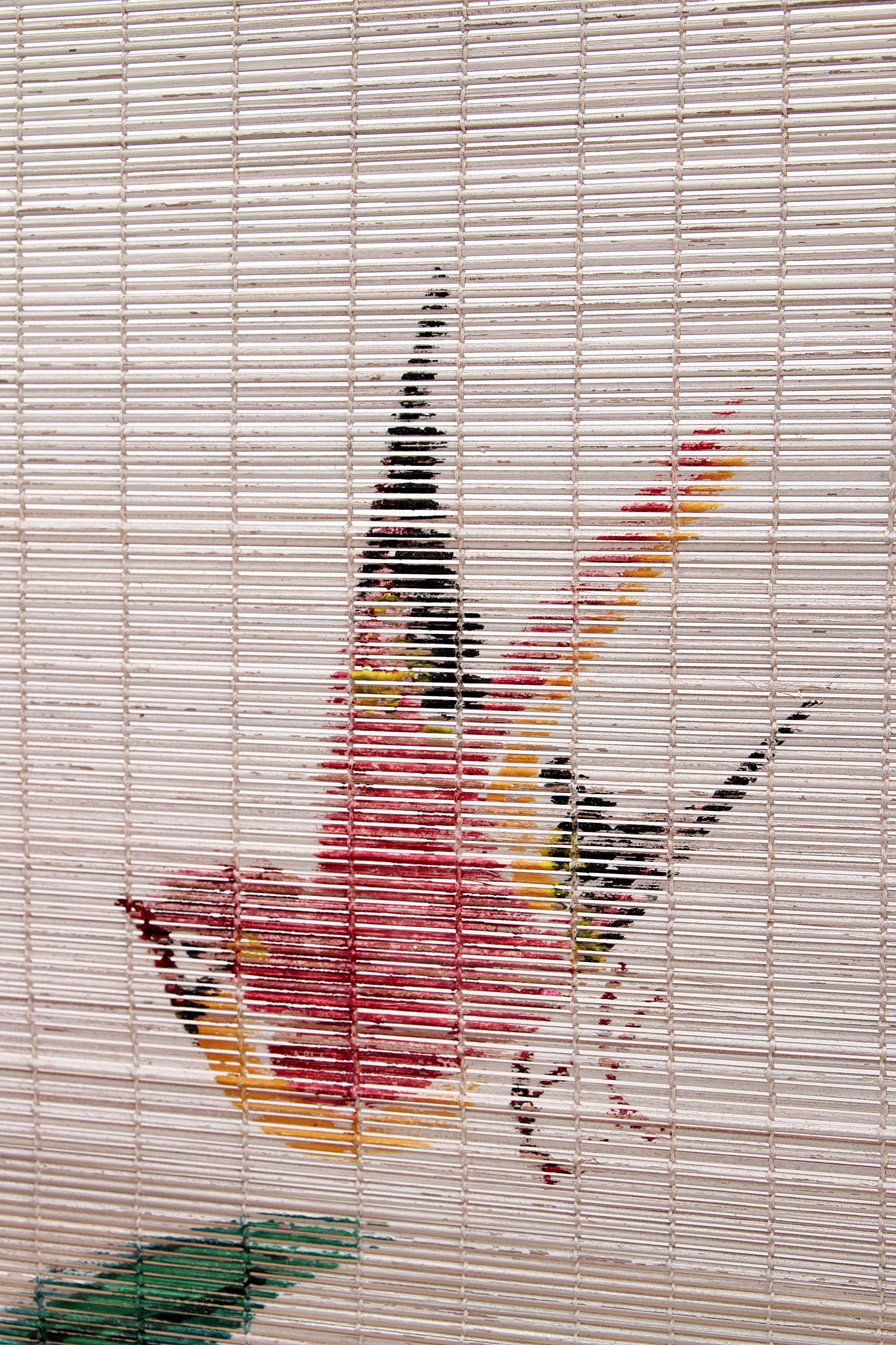 Vieux écran pliant oriental en bambou avec tissu, 1960 en vente 8