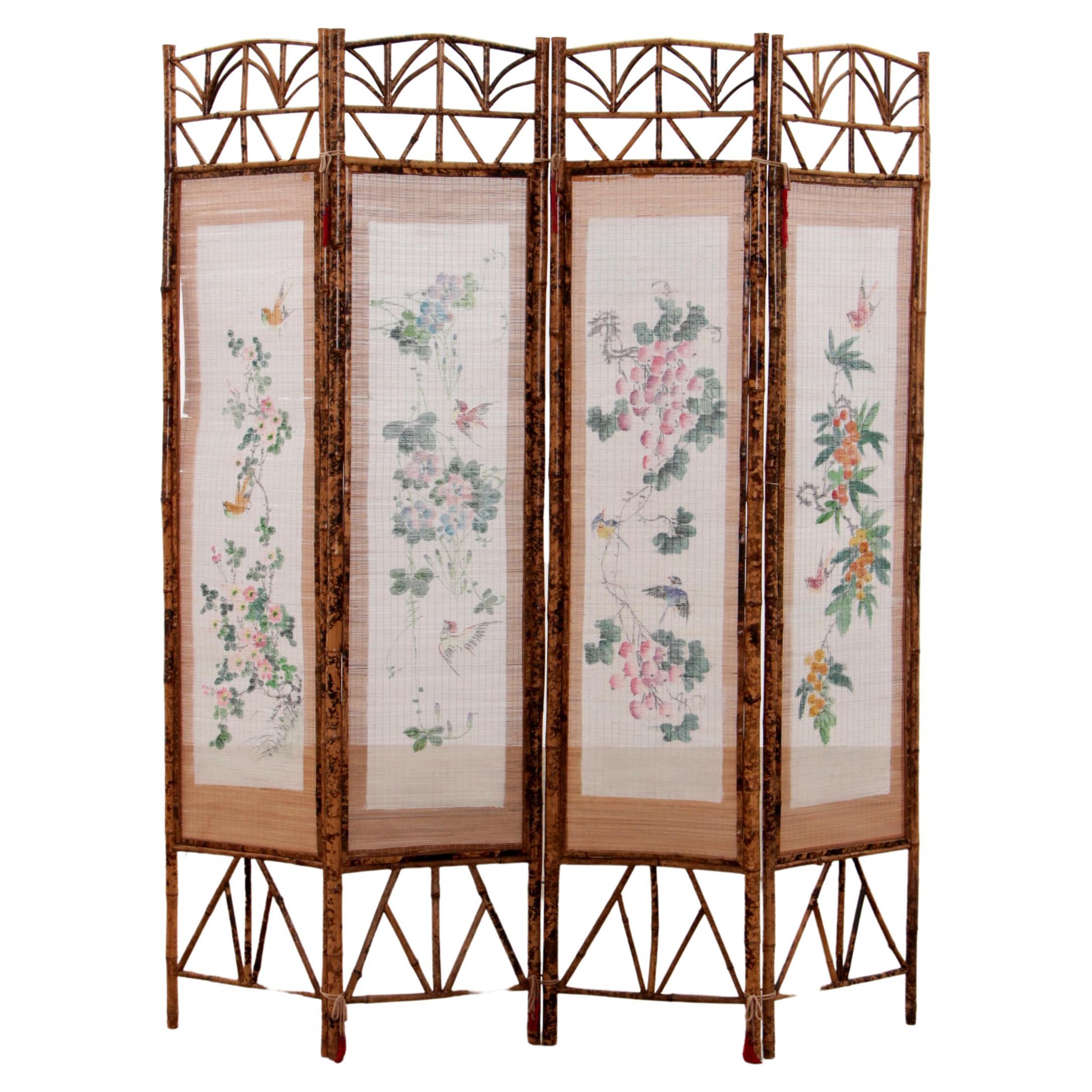 Vintage oriental folding screen Bamboo with fabric, 1960