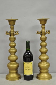 Vintage Oriental Foo Dog Stacked Brass Pricket Chinese 20" Candlesticks - a Pair