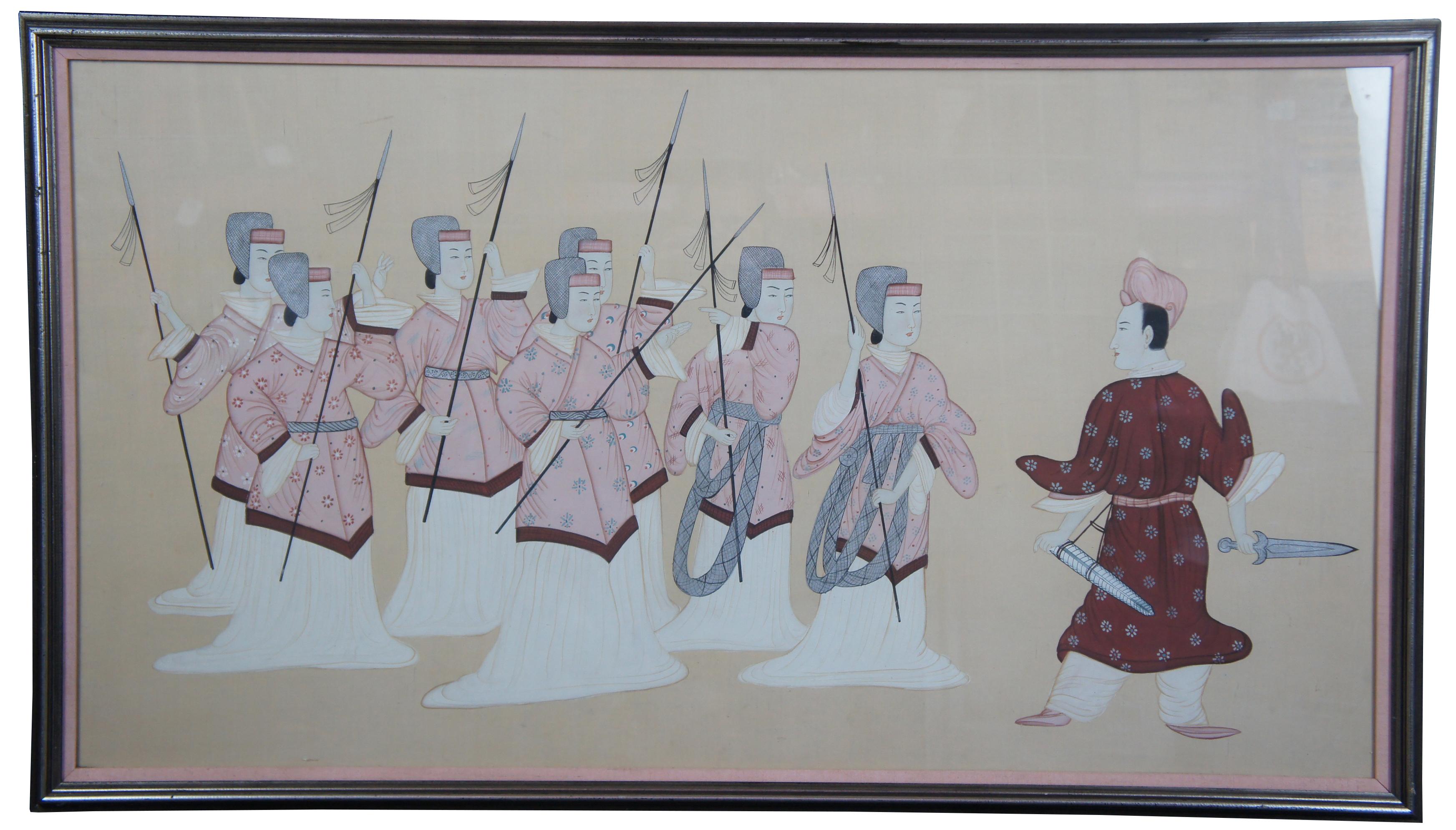 Vintage oriental hand painted warrior scene on silk. Depicts a group engaged in training or in battle. Measures: 48