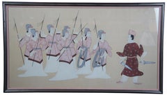 Vintage Oriental Hand Painted Silk Warrior Samurai Training Scene Artwork
