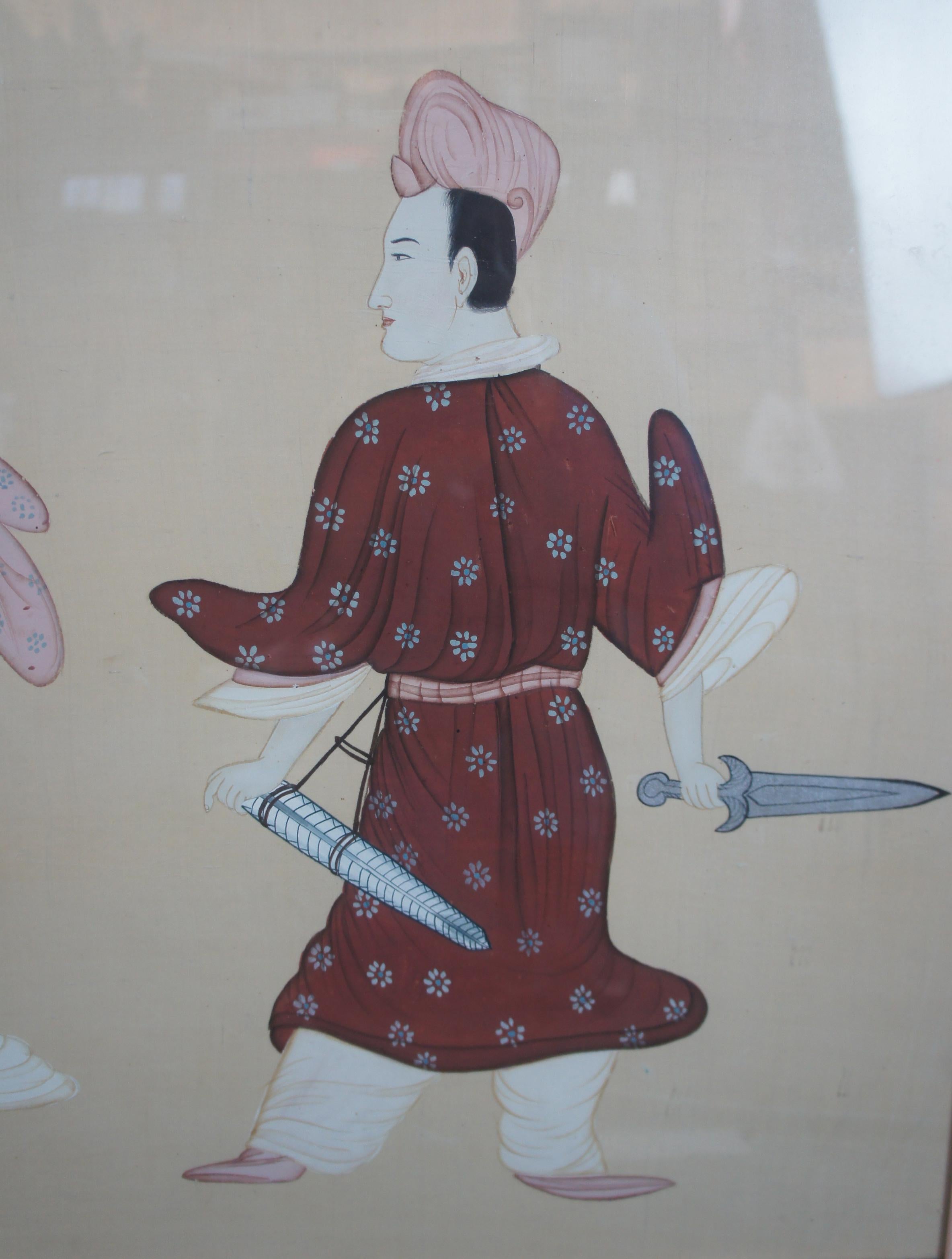 Vintage Oriental Hand Painted Silk Warrior Samurai Training Scene Artwork In Good Condition In Dayton, OH