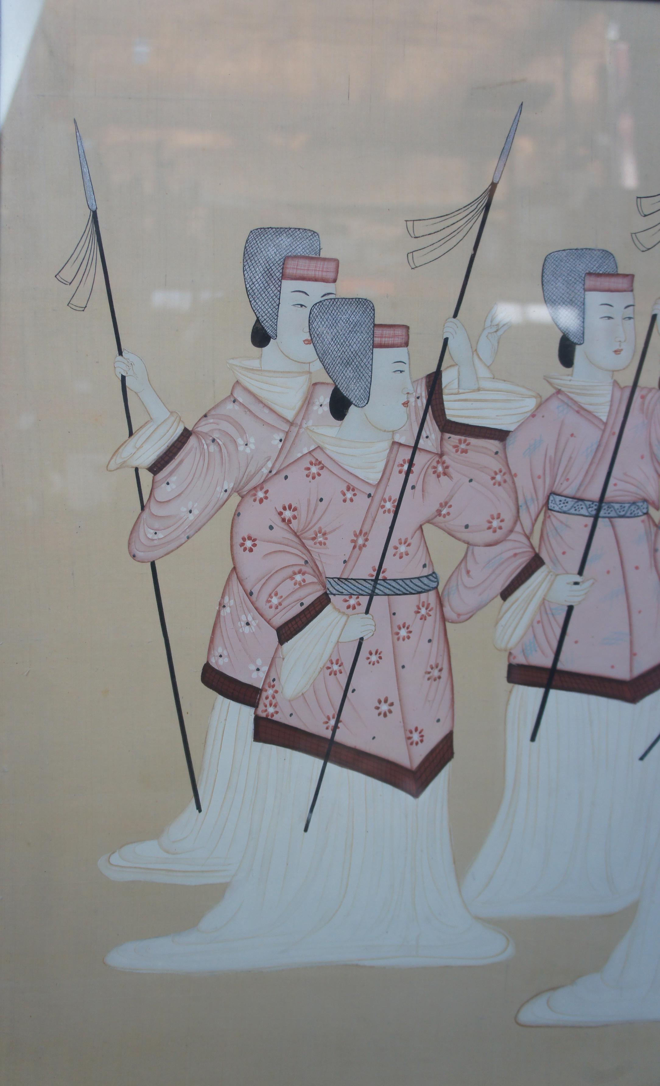 20th Century Vintage Oriental Hand Painted Silk Warrior Samurai Training Scene Artwork