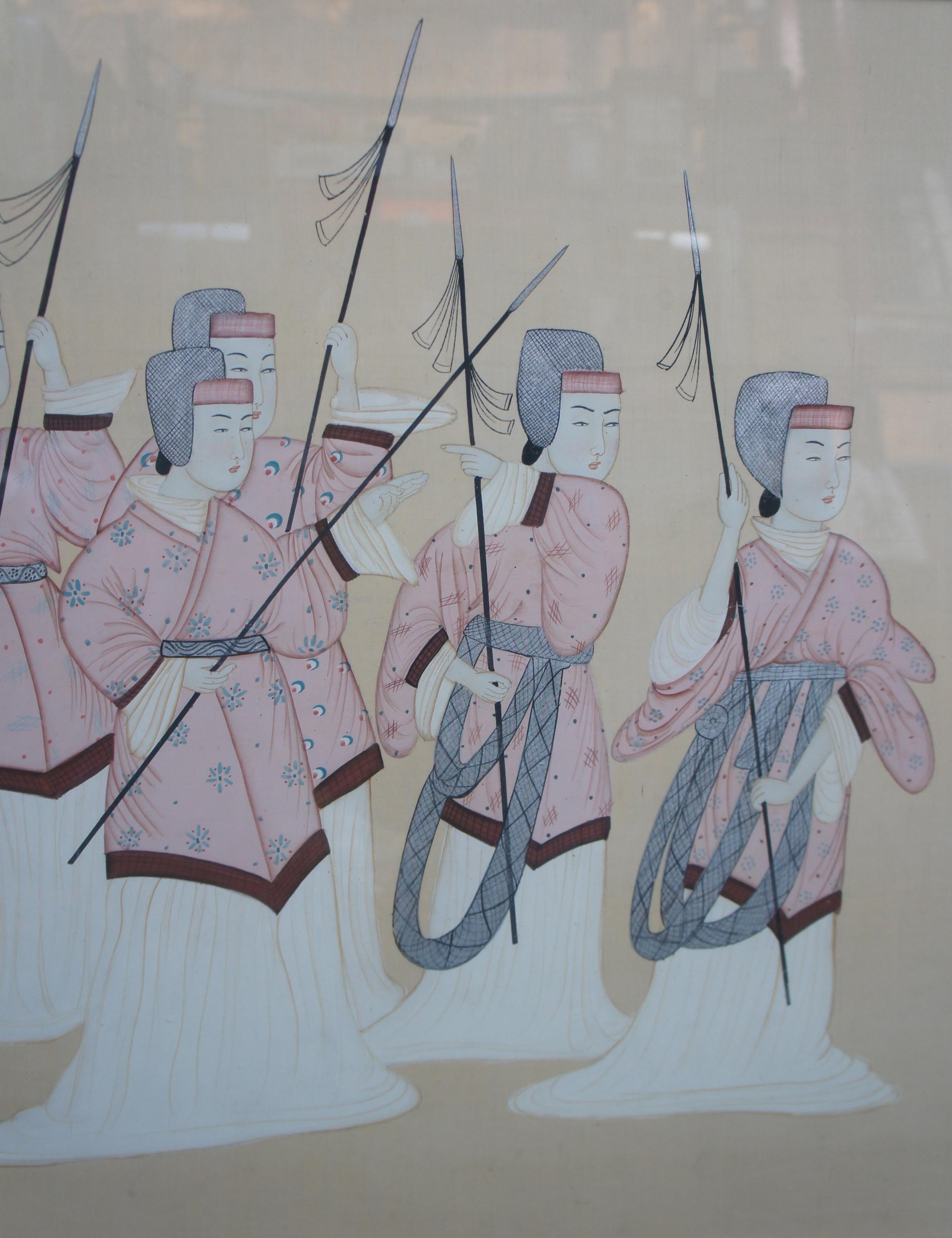 Vintage Oriental Hand Painted Silk Warrior Samurai Training Scene Artwork 1