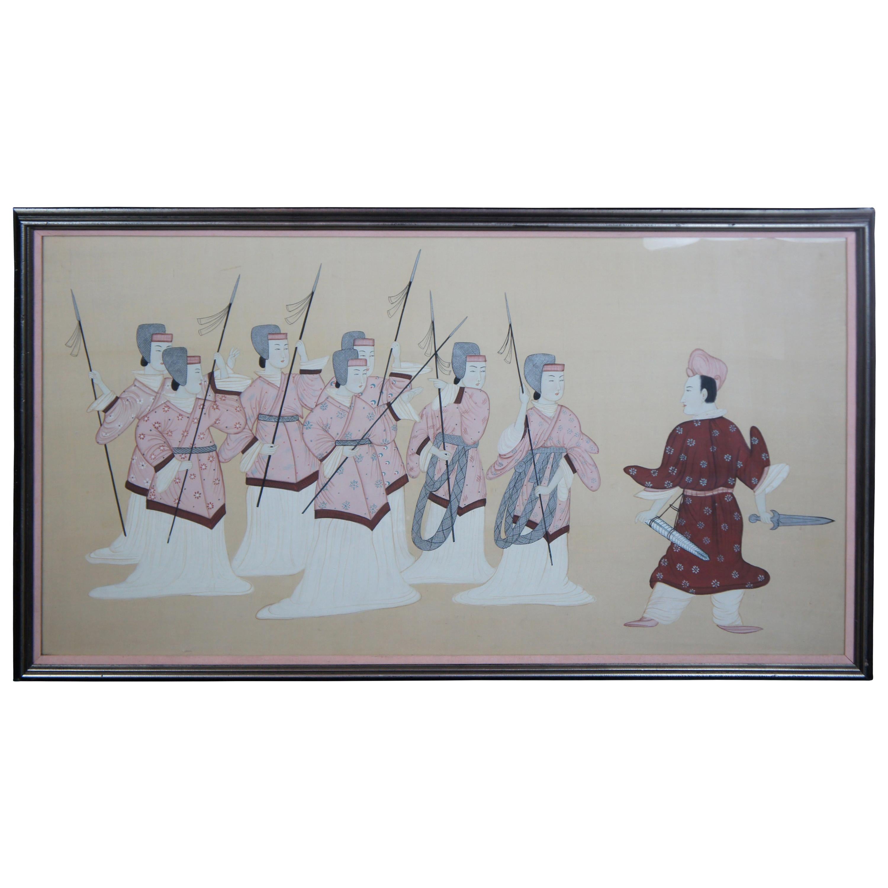 Vintage Oriental Hand Painted Silk Warrior Samurai Training Scene Artwork