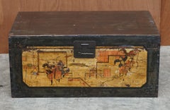Vintage Oriental Hand Painted Trunk or Chest Depicting Immortals and Buildings