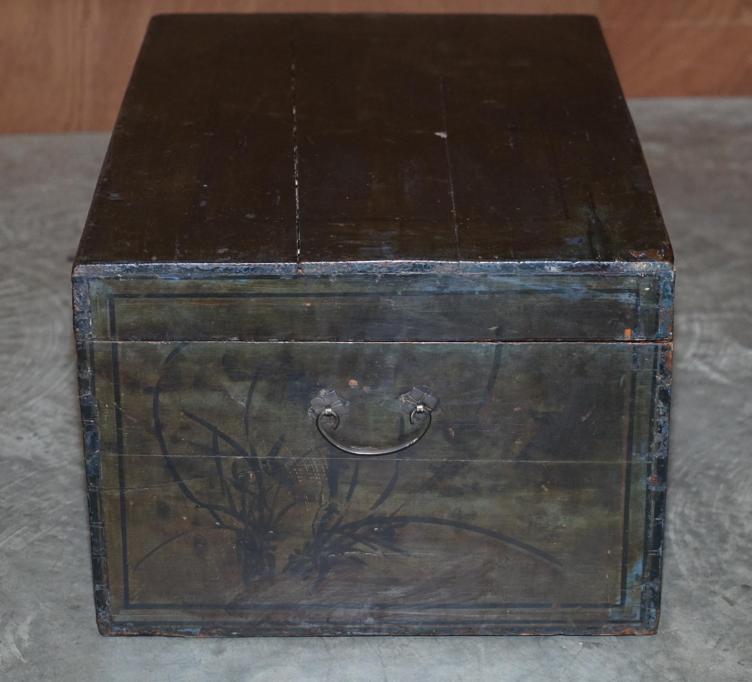 Wood Vintage Oriental Hand Painted Trunk or Chest Depicting Immortals and Buildings For Sale