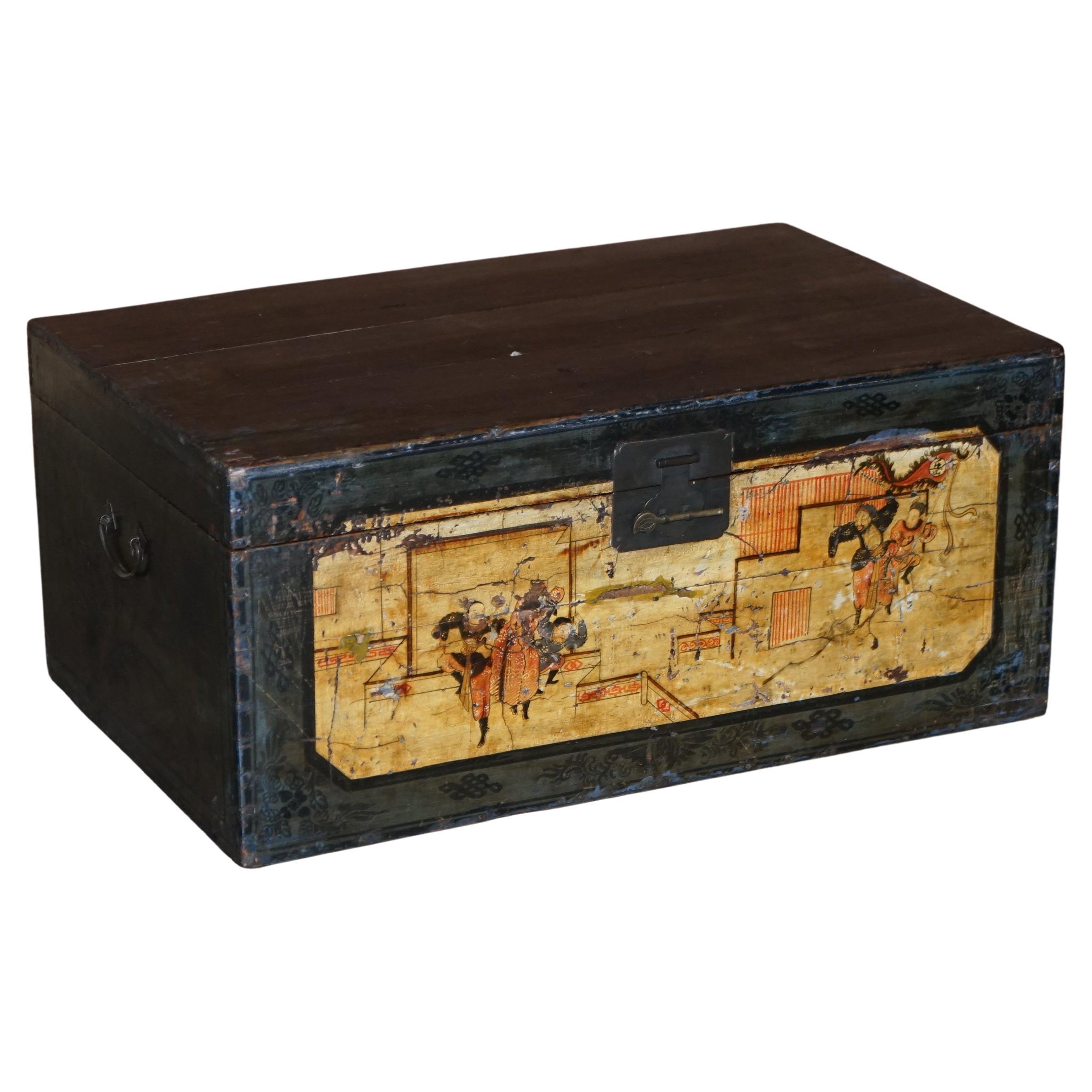 Vintage Oriental Hand Painted Trunk or Chest Depicting Immortals and Buildings For Sale