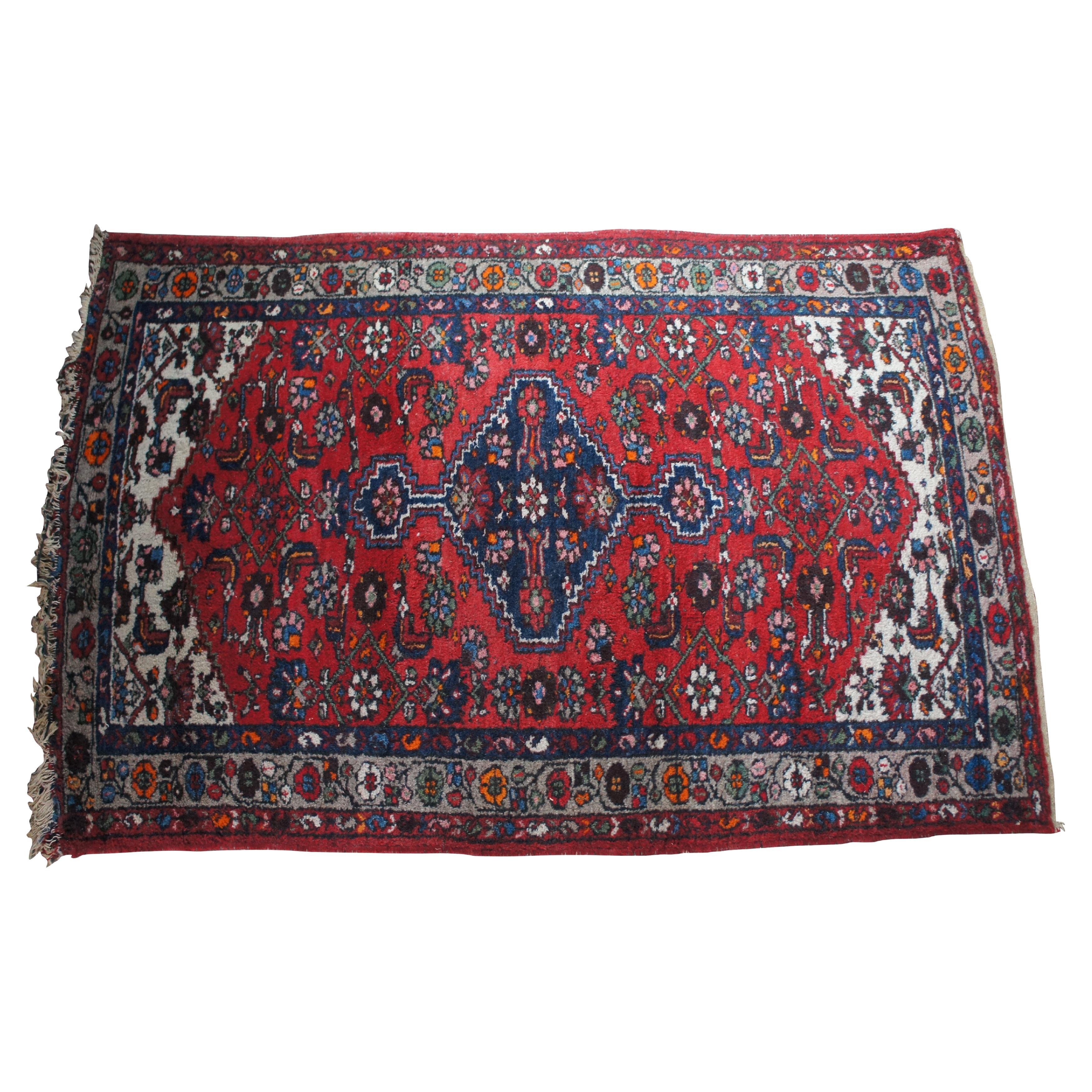Vintage Oriental Hand Woven Wool Red Blue Geometric Medallion Area Rug 4.5' x 8'