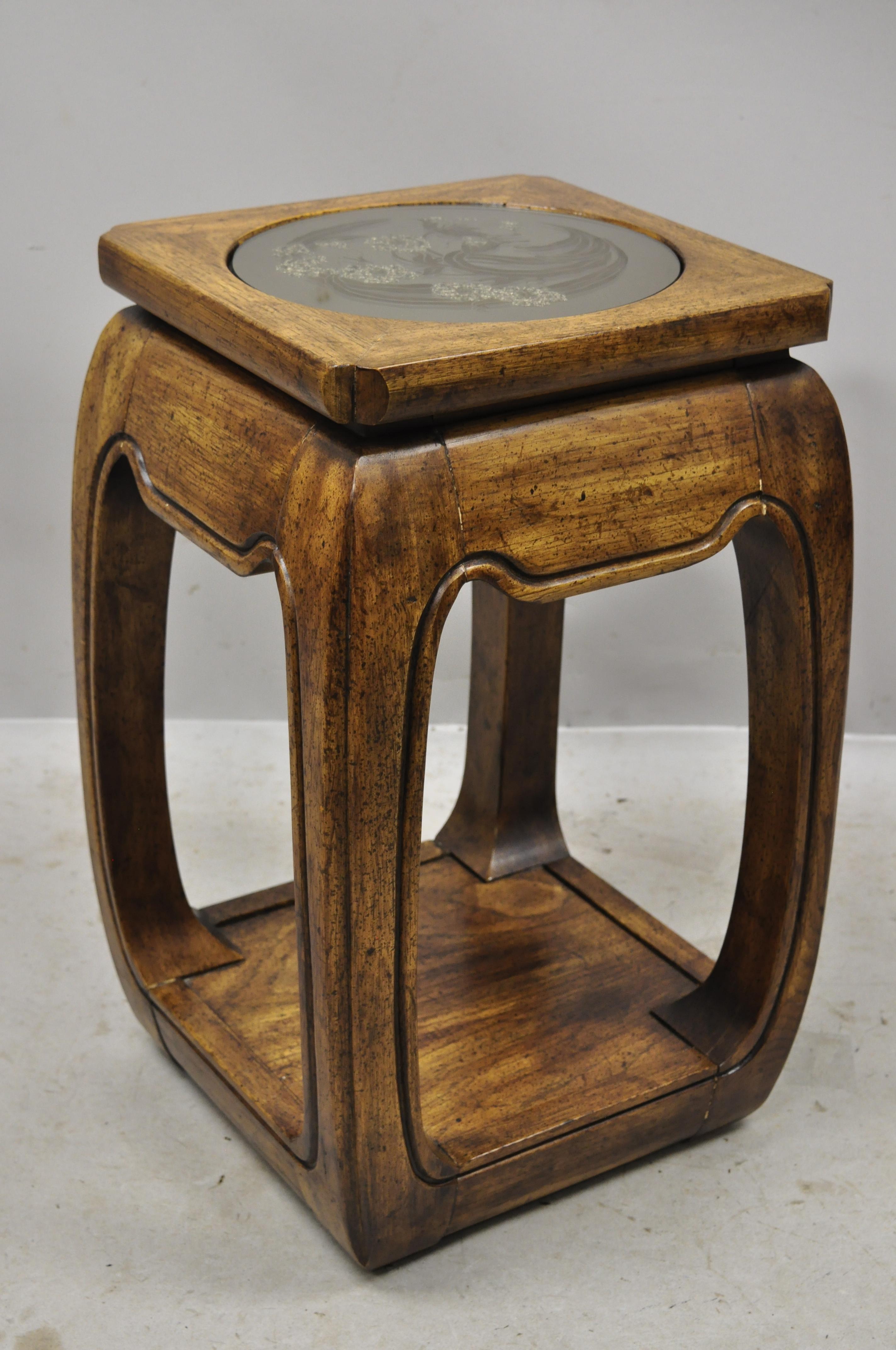 Vintage Oriental Hardwood Etched Round Glass Pedestal Plant Stand Side Table 4