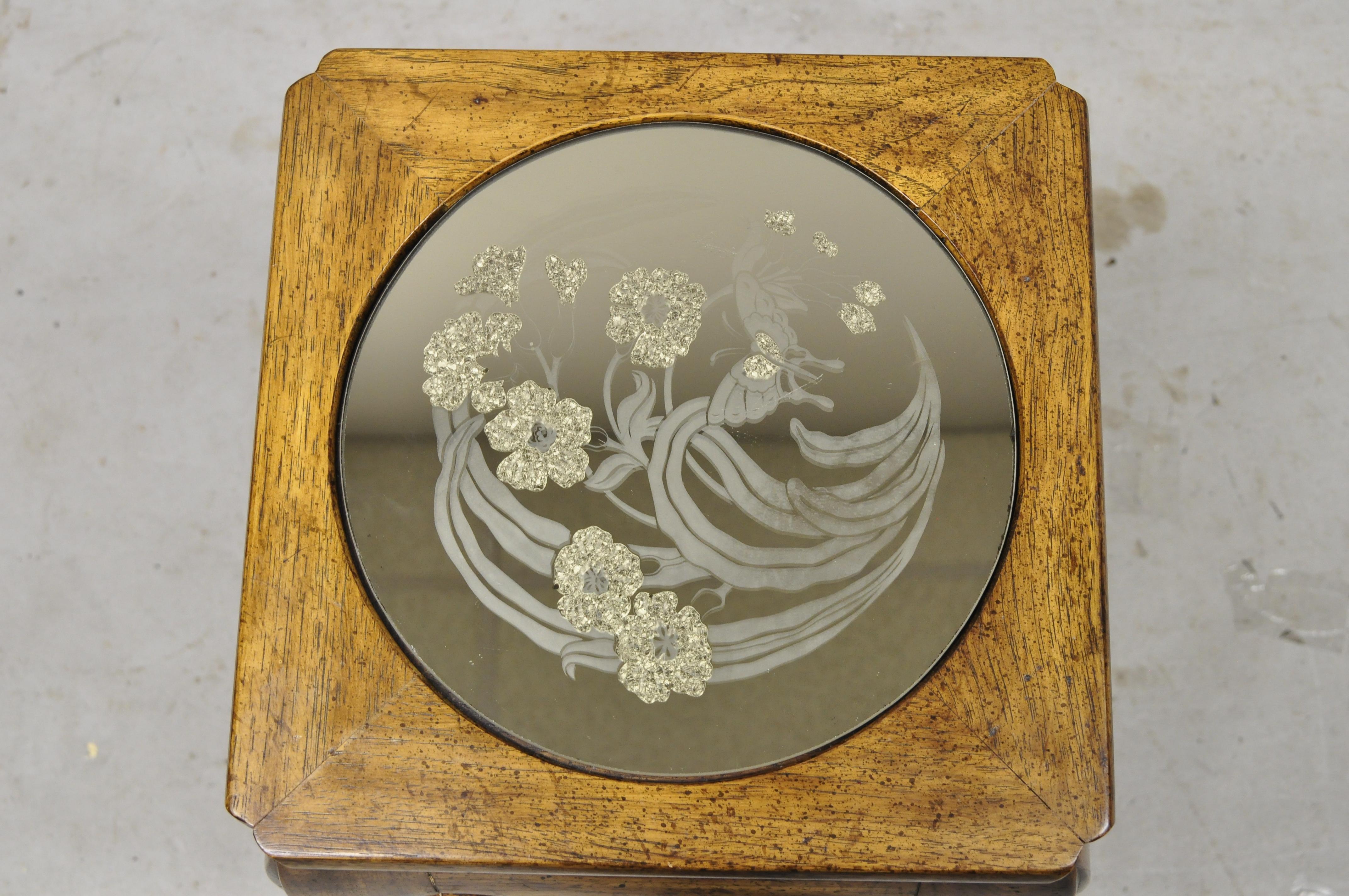 Vintage oriental hardwood etched round glass 22