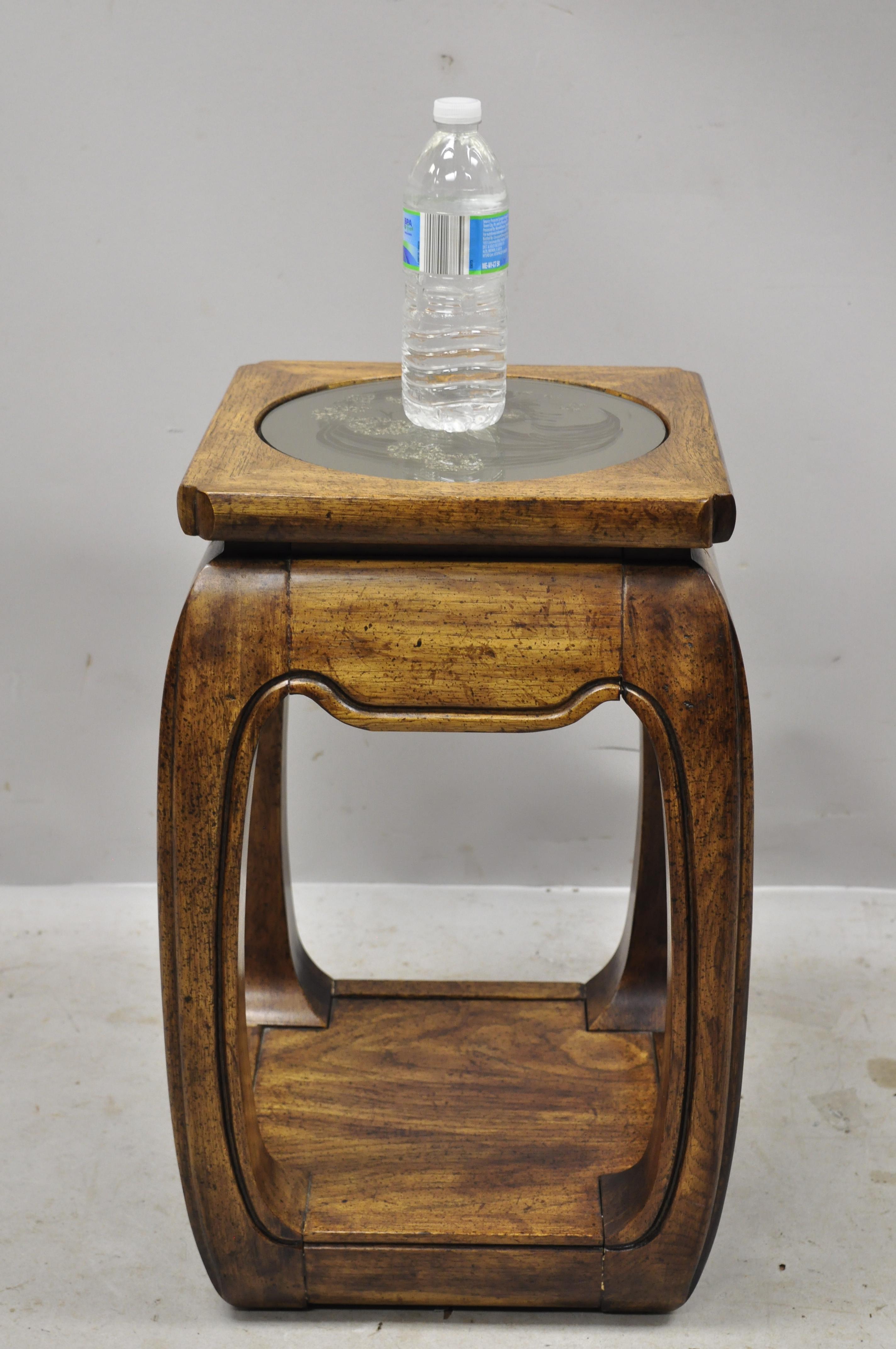 North American Vintage Oriental Hardwood Etched Round Glass Pedestal Plant Stand Side Table