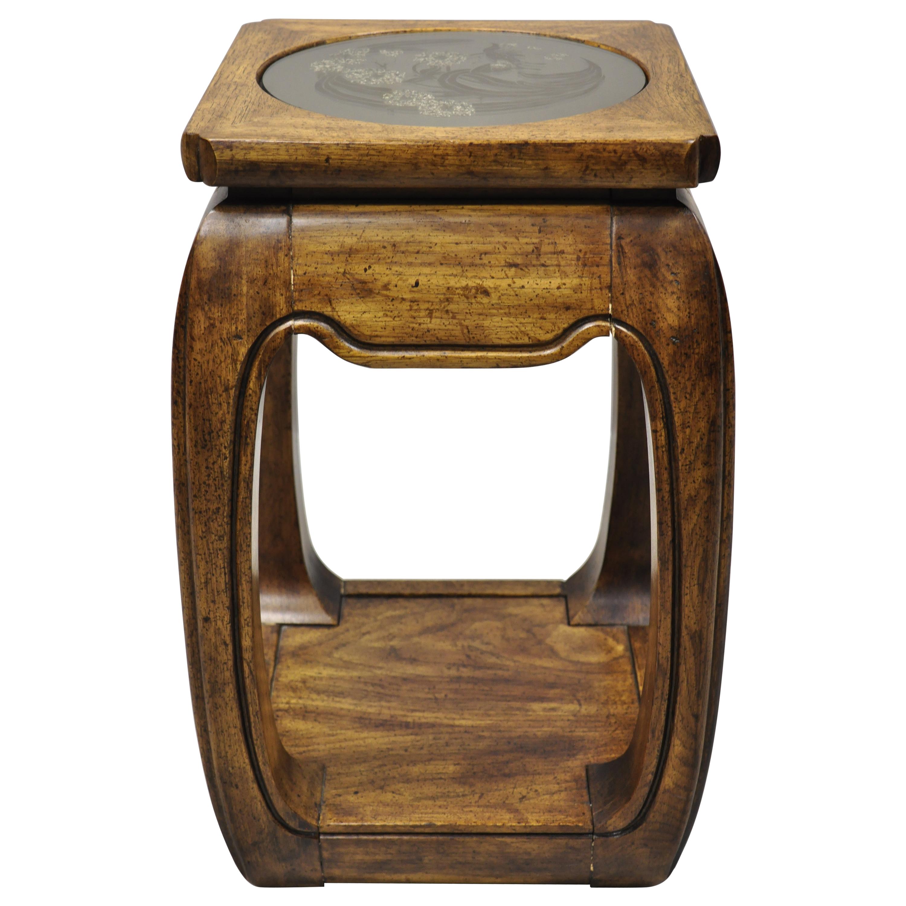 Vintage Oriental Hardwood Etched Round Glass Pedestal Plant Stand Side Table