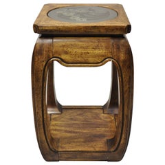 Vintage Oriental Hardwood Etched Round Glass Pedestal Plant Stand Side Table