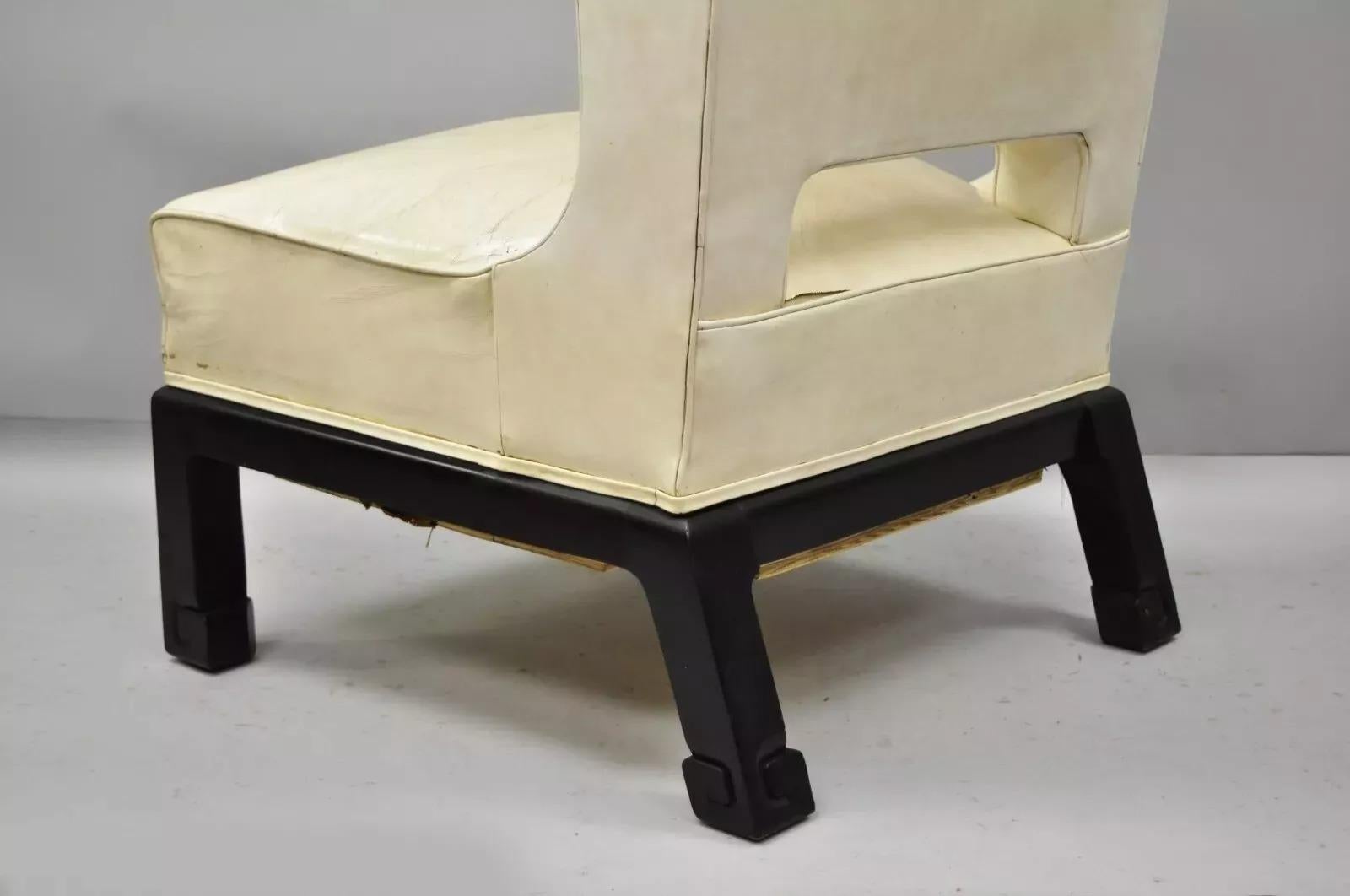 Vintage Oriental High Back Ming Style Black Lacquer Leather Lounge Chair For Sale 4