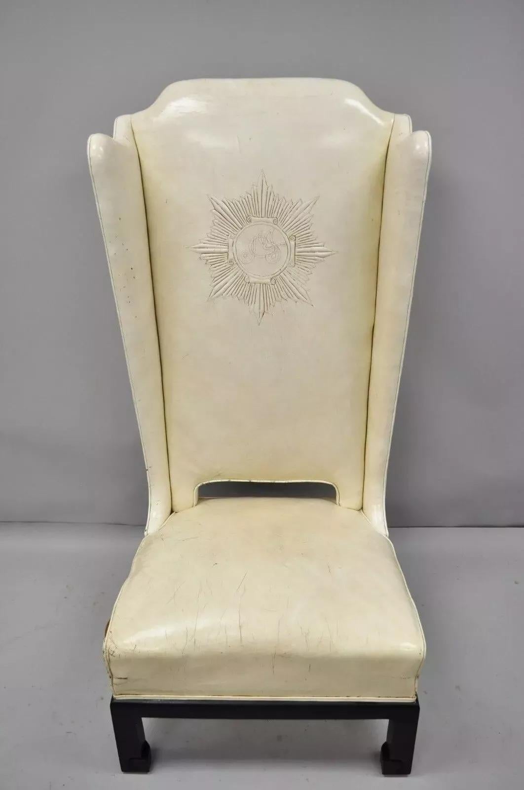 Vintage Oriental High Back Ming Style Black Lacquer Leather Lounge Chair For Sale 6
