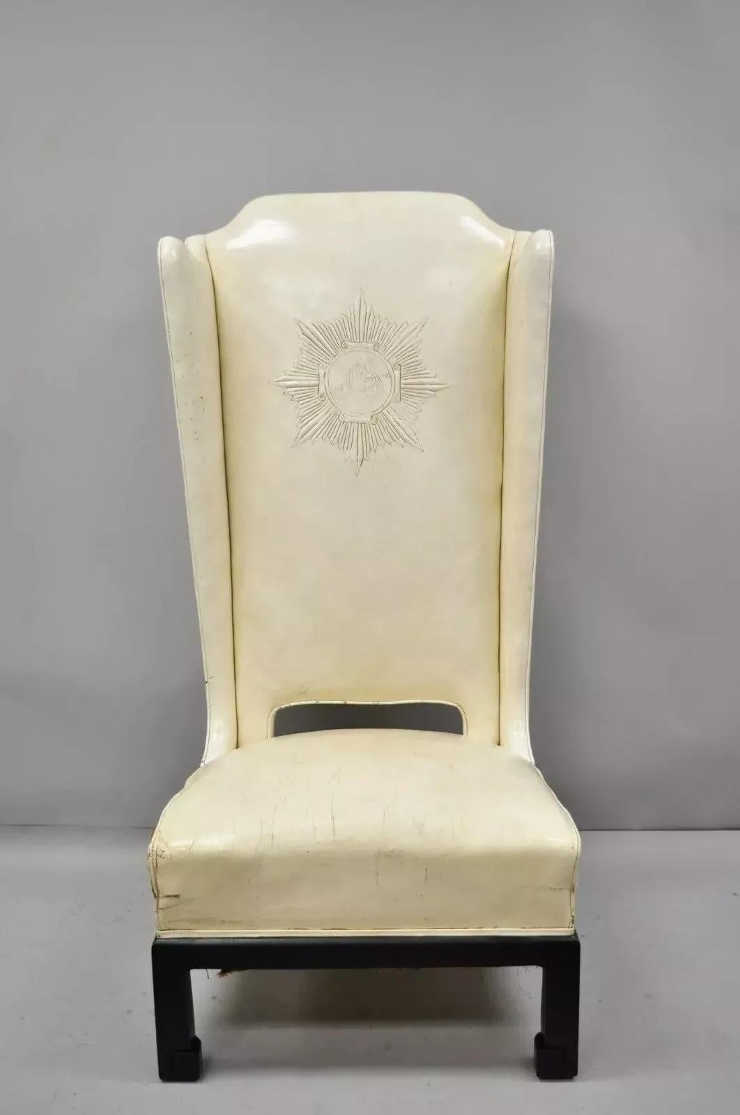 Mid-Century Modern Vintage Oriental High Back Ming Style Black Lacquer Leather Lounge Chair For Sale