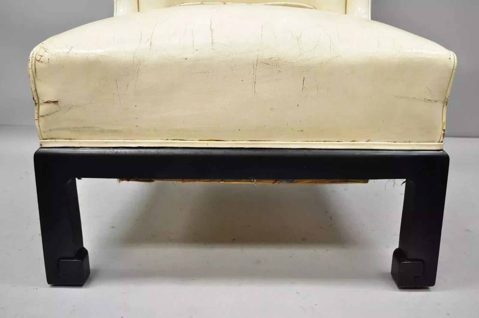 20th Century Vintage Oriental High Back Ming Style Black Lacquer Leather Lounge Chair For Sale