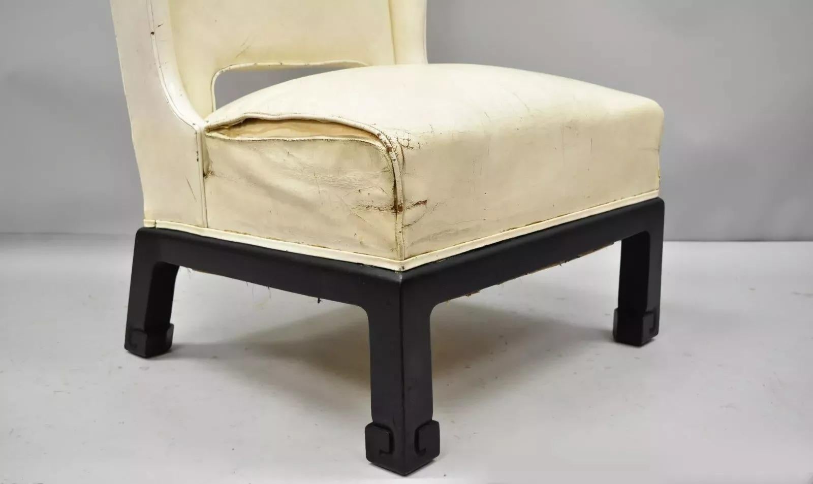 Vintage Oriental High Back Ming Style Black Lacquer Leather Lounge Chair For Sale 1