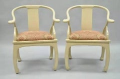 Vintage Oriental Horseshoe Ming Style Cream Lacquered Lounge Chairs - a Pair