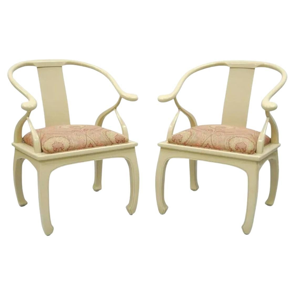 Vintage Oriental Horseshoe Ming Style Cream Lacquered Lounge Chairs - a Pair