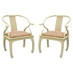 Vintage Oriental Horseshoe Ming Style Cream Lacquered Lounge Chairs - a Pair