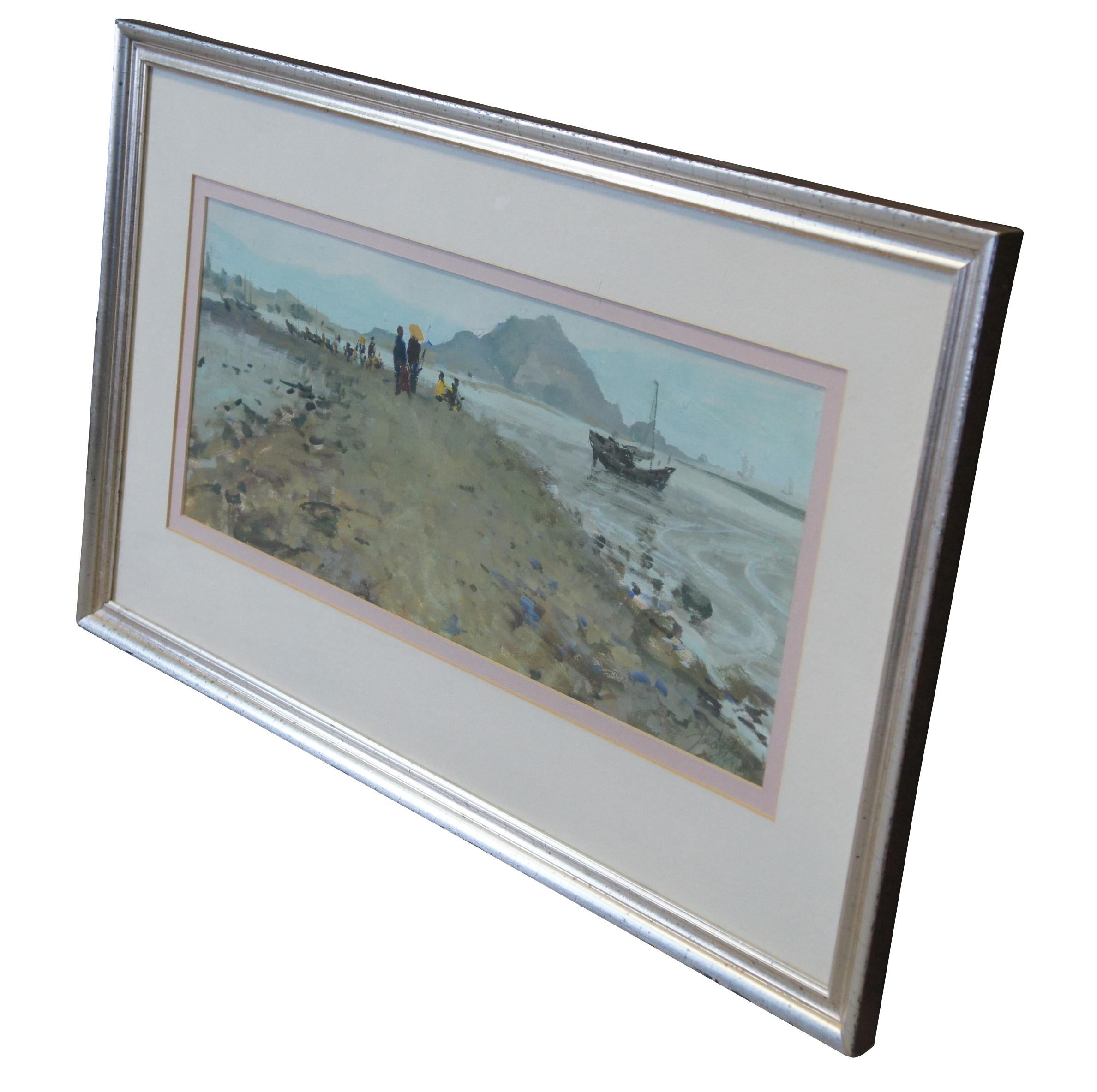 Vintage Asian Impressionist watercolor seascape painting. Features figures along a peninsula with sailboats. The painting is signed lower right in pencil by Sue. The rest of the signature cannot be made out

 Measures: 27