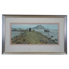 Vintage Oriental Impressionist Watercolor Seascape Painting Sailboats Signed