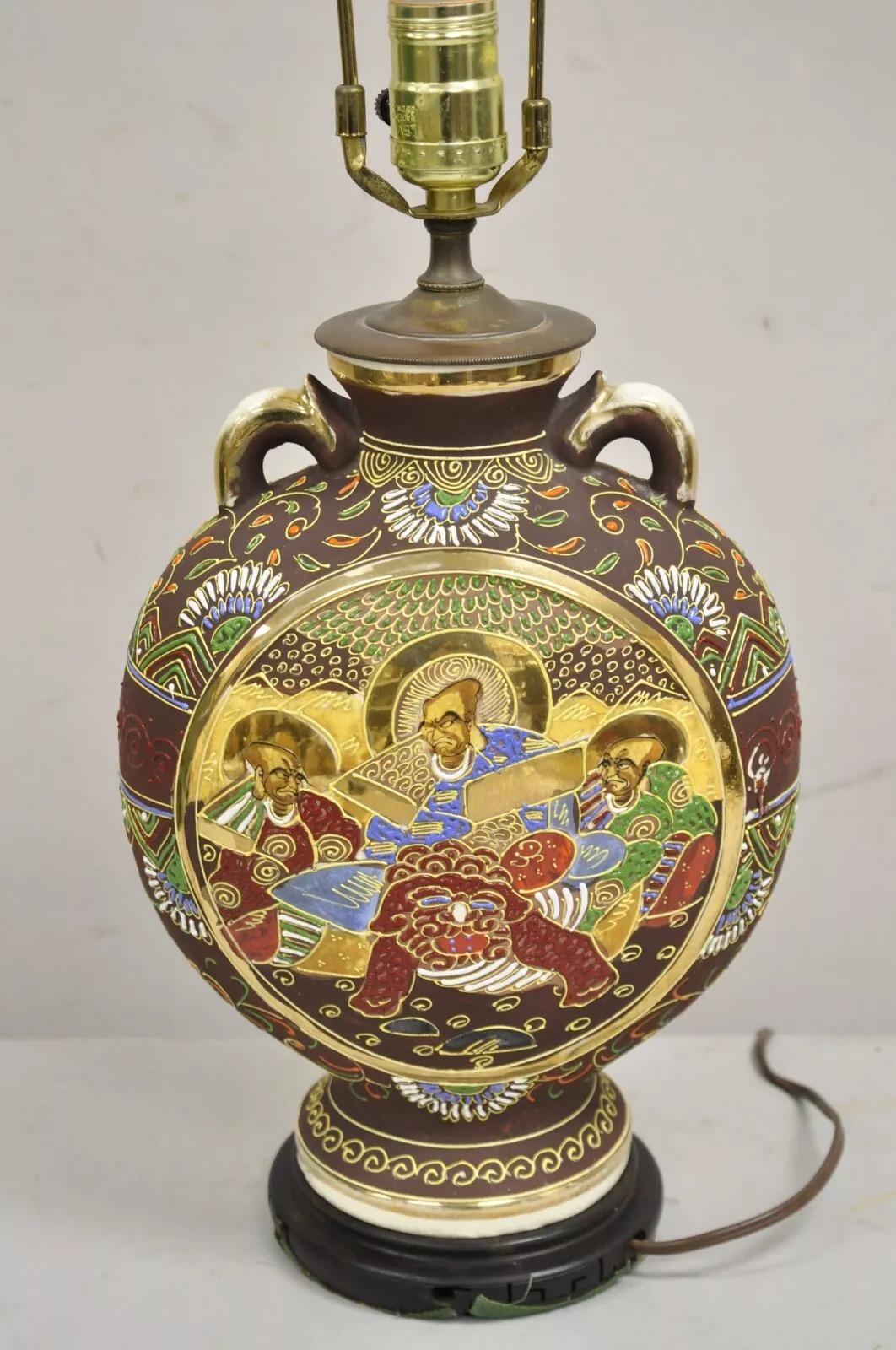 Vintage Oriental Japanese Figural Samurai Brown Ceramic Jug Form Table Lamp In Good Condition For Sale In Philadelphia, PA