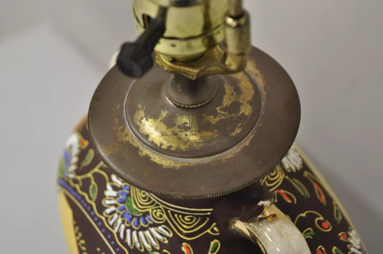 Vintage Oriental Japanese Figural Samurai Brown Ceramic Jug Form Table Lamp For Sale 2