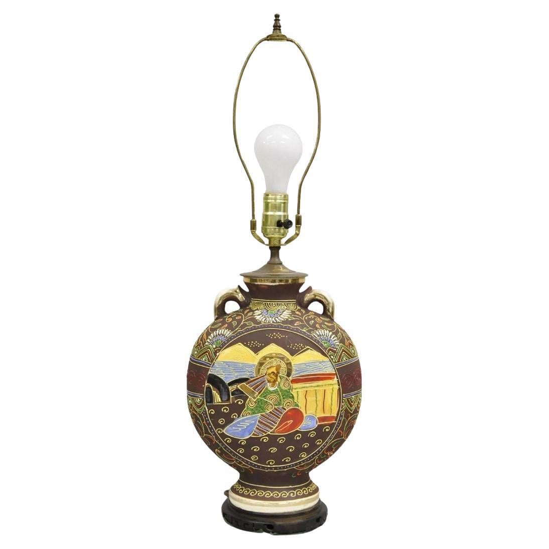 Vintage Oriental Japanese Figural Samurai Brown Ceramic Jug Form Table Lamp For Sale