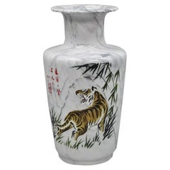 Vintage Oriental Large 28" White Carved Marble Painted Tiger Vase Vessel