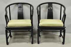 Vintage Oriental Ming Style Ebonized Horseshoe Lounge Chairs by Century (A) Pair