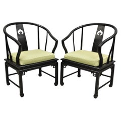 Vintage Oriental Ming Style Ebonized Horseshoe Lounge Chairs by Century (A) Pair