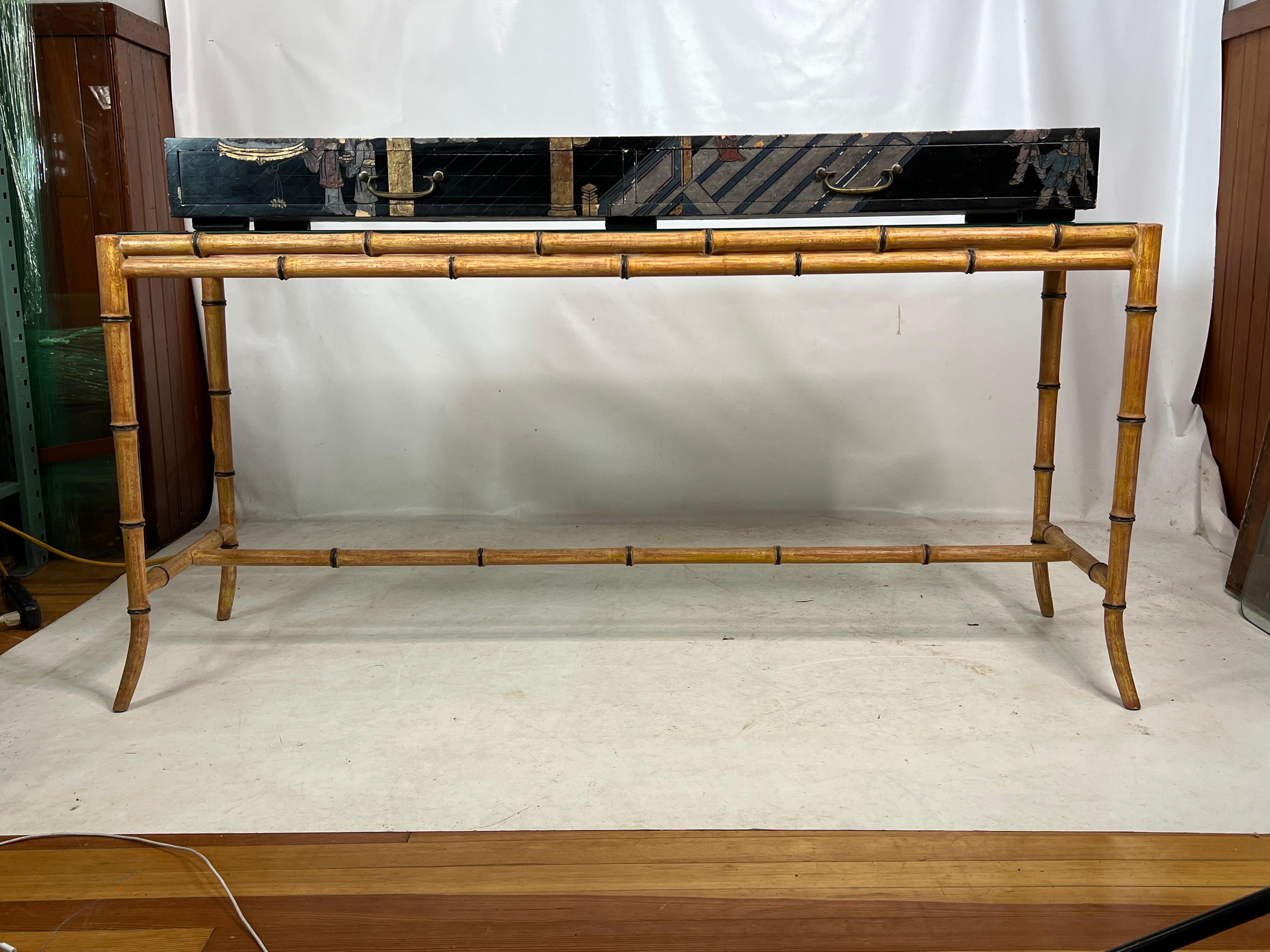 For sale is this very unique vintage entryway or sofa table. The table has a nice two drawer top that just sits on the glass.