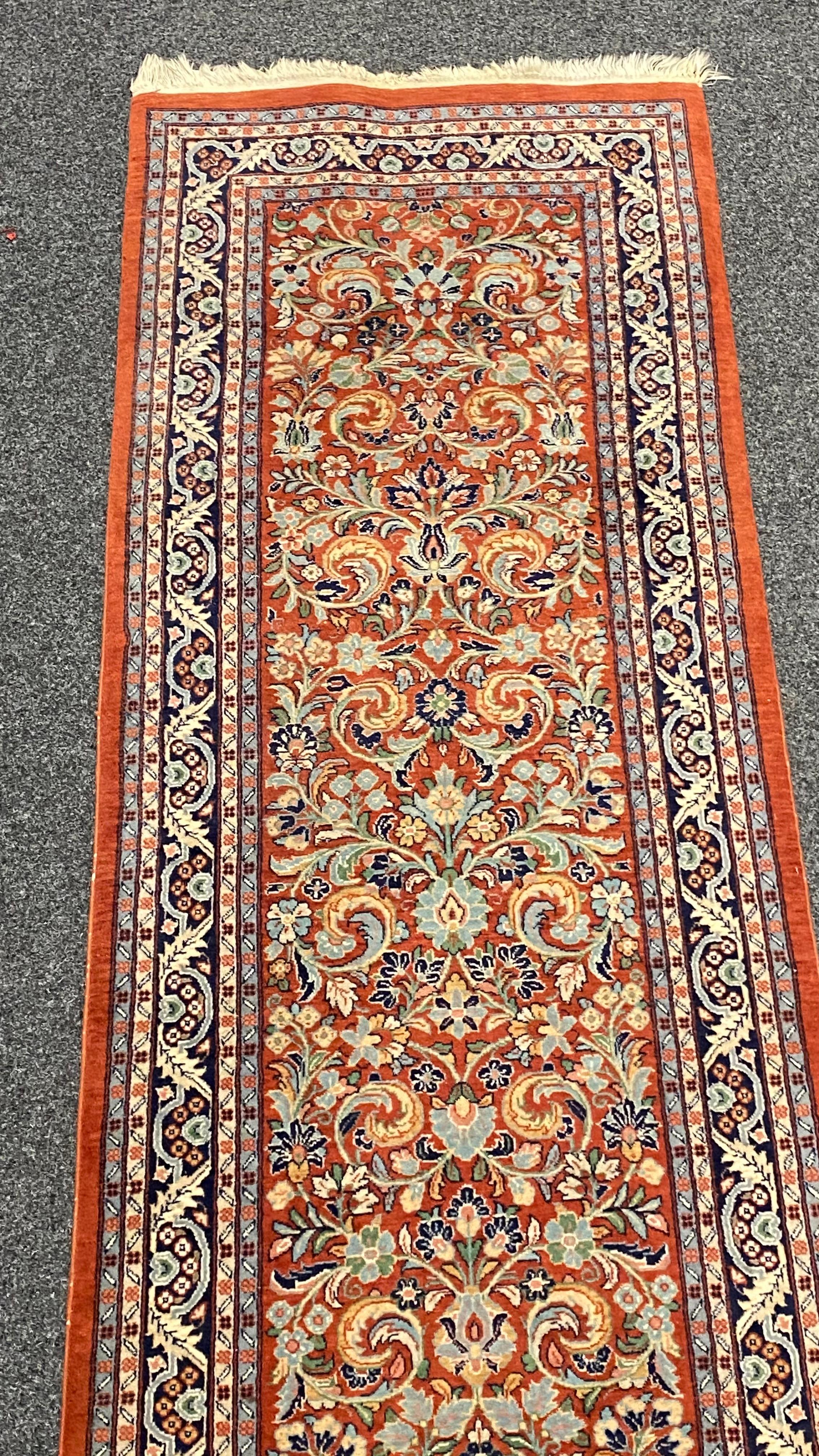 Hand-Knotted Vintage Oriental Pakistani Wool Rug Runner Red with Floral Ornaments