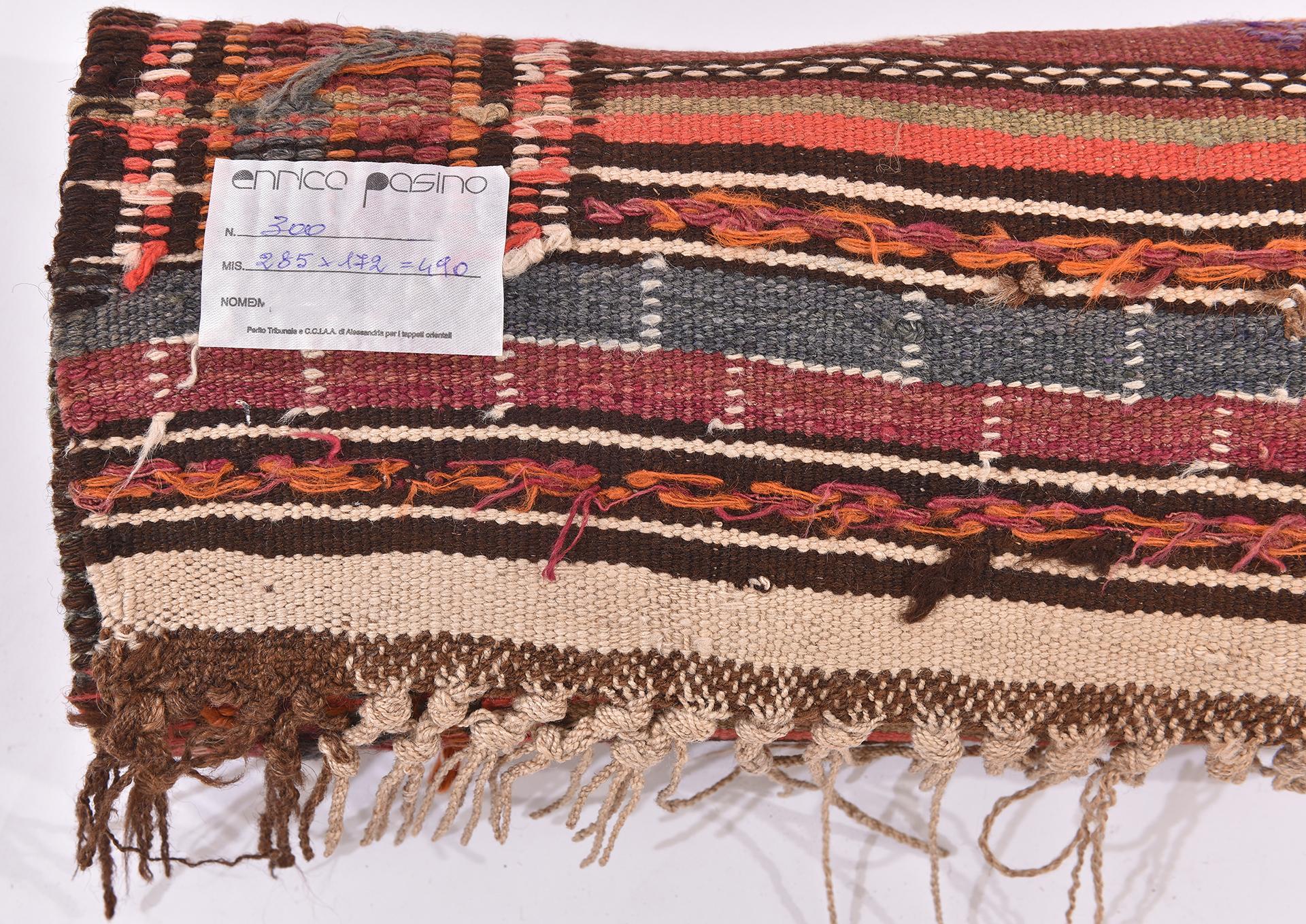 nr. 300 - Pleasant kilim with pastel pink, camel, gray and brown colors. Border entirely embroidered with frets.
May be it was a sofa in a nomadic tent.
now with an interesting price for closing activities.