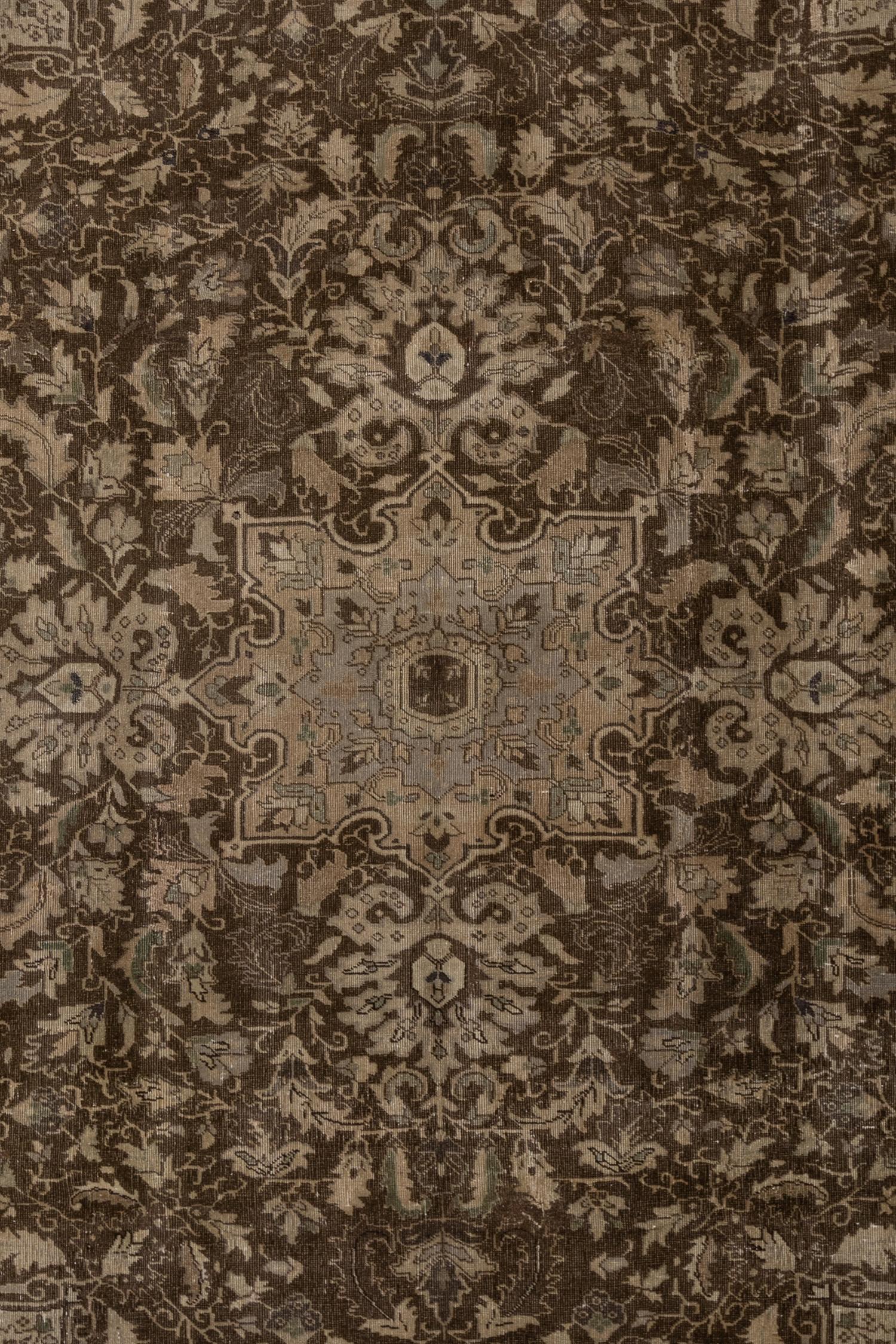 Age: Circa 1940

Colors: Deep chocolate brown field with a beautiful warm cream border and some olive accents. 

Pile: low

Wear Notes: 3

Material: Wool on cotton. 

Thick handle, well suited for high traffic.

Wear Guide:
Vintage and antique rugs