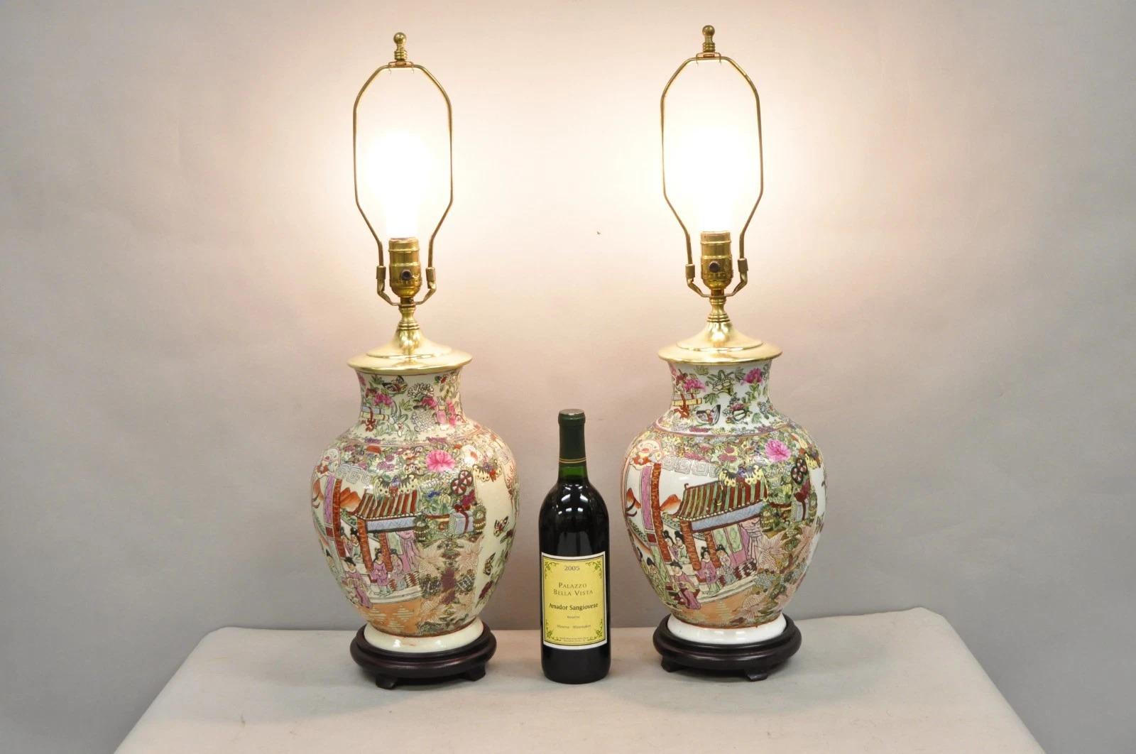 Vintage Oriental Porcelain Chinese Ginger Jar Chinoiserie Table Lamps (B) - a Pair. Circa Late 20th Century. Measurements: 27