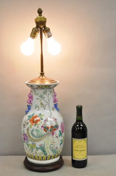 Vintage Oriental Porcelain Jardiniere Vase Bird and Flower Painted Table Lamp