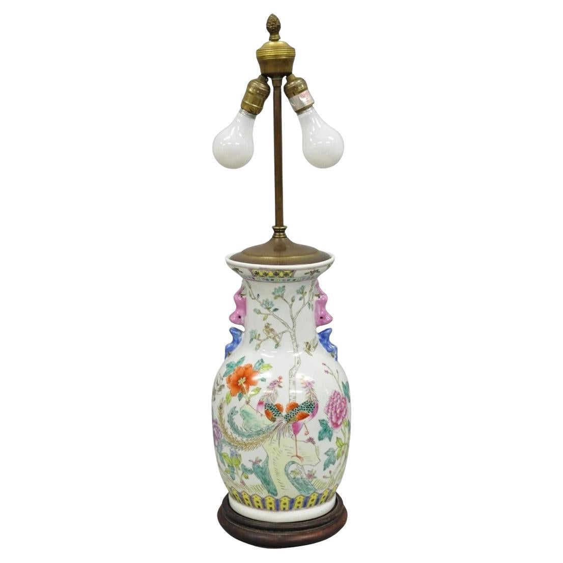 Vintage Oriental Porcelain Jardiniere Vase Bird and Flower Painted Table Lamp