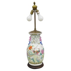 Vintage Oriental Porcelain Jardiniere Vase Bird and Flower Painted Table Lamp